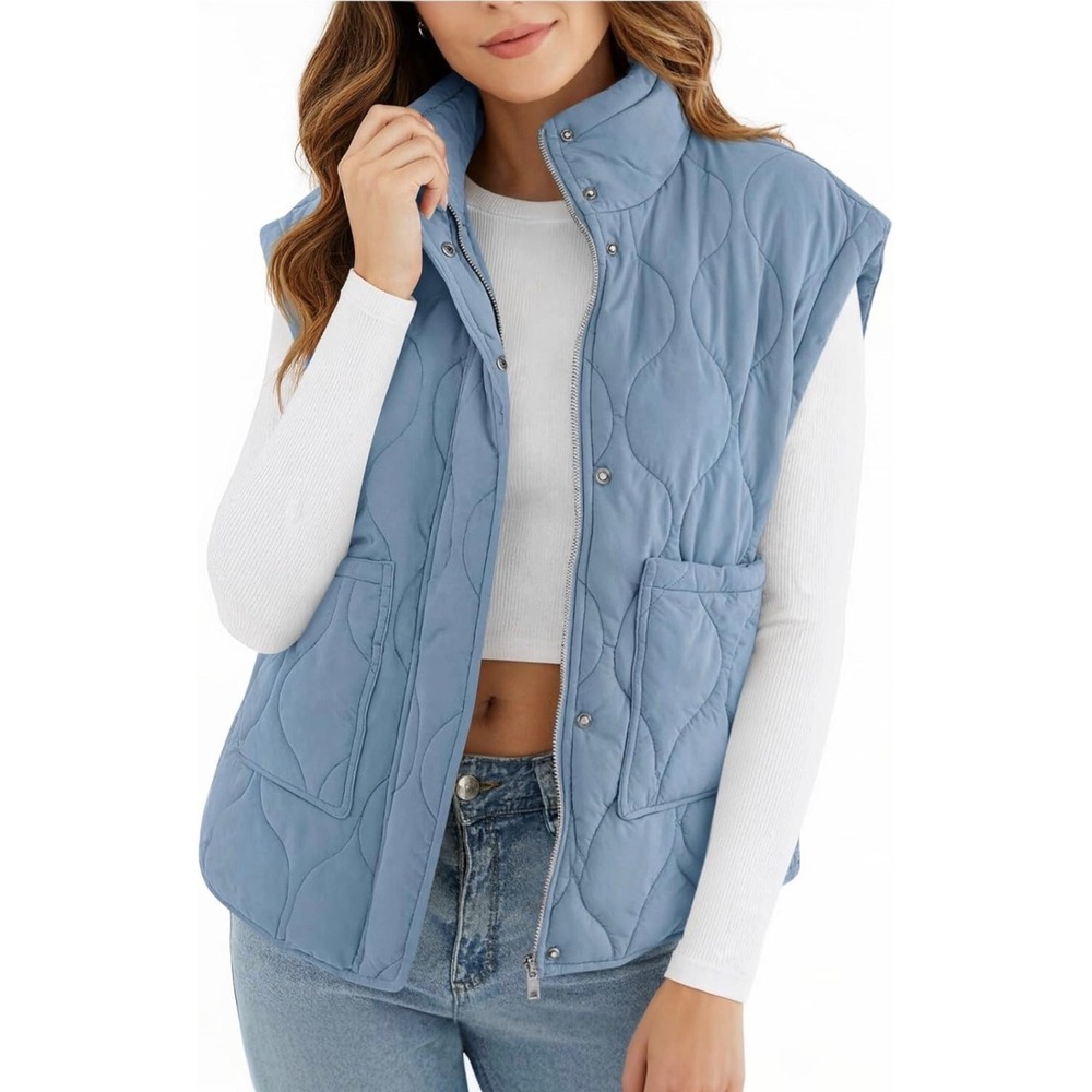 Cicy Bell Blue Quilted Puffer Vest Sleeveless Zip Snap Front Jacket Stand Collar